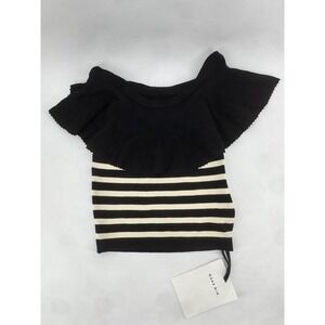 Wang Min Black White Striped Ruffle Collar Knit Off Shoulder Top Womens